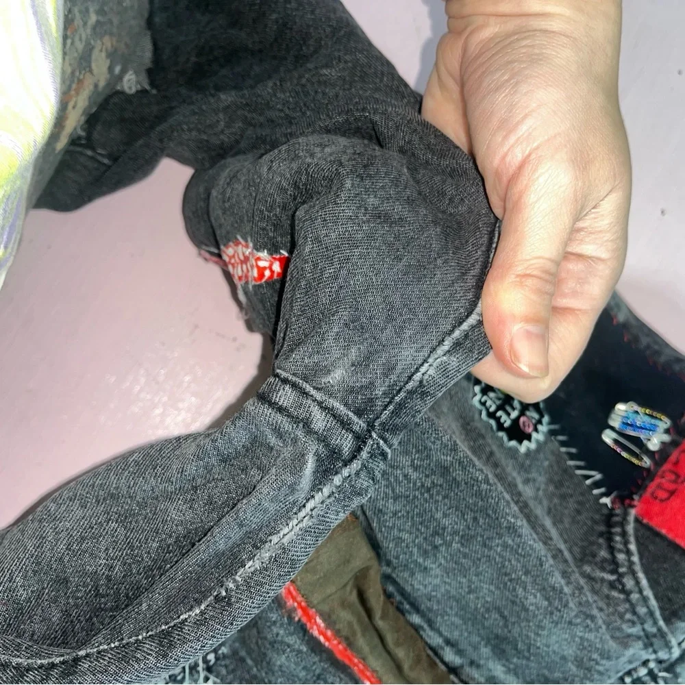 Punk’s Not Dead Grunge Jeans with Chains Embellished Patches Handmade Crust Goth - Picture 7 of 12